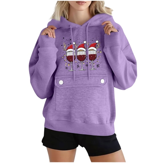 Maplenight Christmas Hoodies for Women Fleece Graphic Printed Long Sleeve Hooded Sweatshirt Drawstring Relaxed Fit Casual Womens Tops for Fall Winter