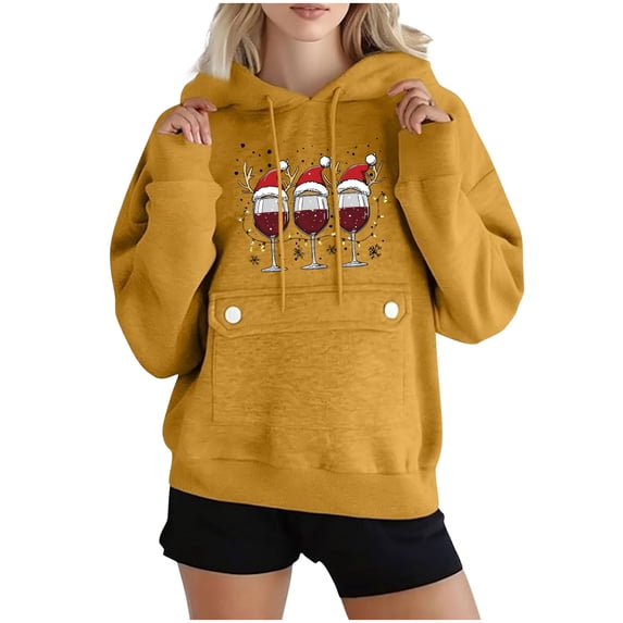 Maplenight Christmas Hoodies for Women Fleece Graphic Printed Long Sleeve Hooded Sweatshirt Drawstring Relaxed Fit Casual Womens Tops for Fall Winter