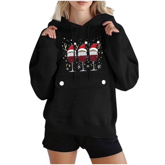 Maplenight Christmas Hoodies for Women Fleece Graphic Printed Long Sleeve Hooded Sweatshirt Drawstring Relaxed Fit Casual Womens Tops for Fall Winter