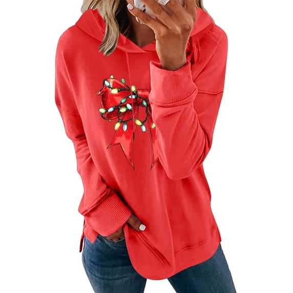 Maplenight Christmas Hoodies for Women Graphic Printed Long Sleeve Hooded Sweatshirts Drawstring Regular Fit Casual Womens Tops for Fall Winter