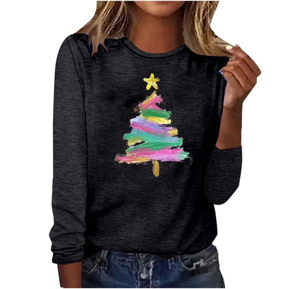 Maplenight Christmas Long Sleeve Shirts for Women Holiday Vacation Graphic T Shirts Casual Crew Neck Womens Tops