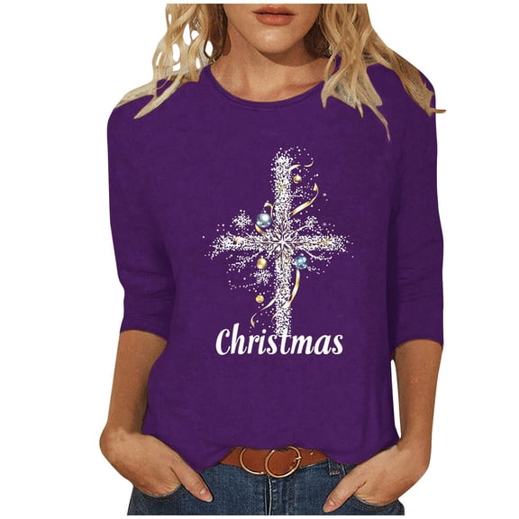 Maplenight Christmas Shirts for Women 3/4 Length Sleeve Casual Tunic Tops Fall Crew Neck Graphic Tee Shirts