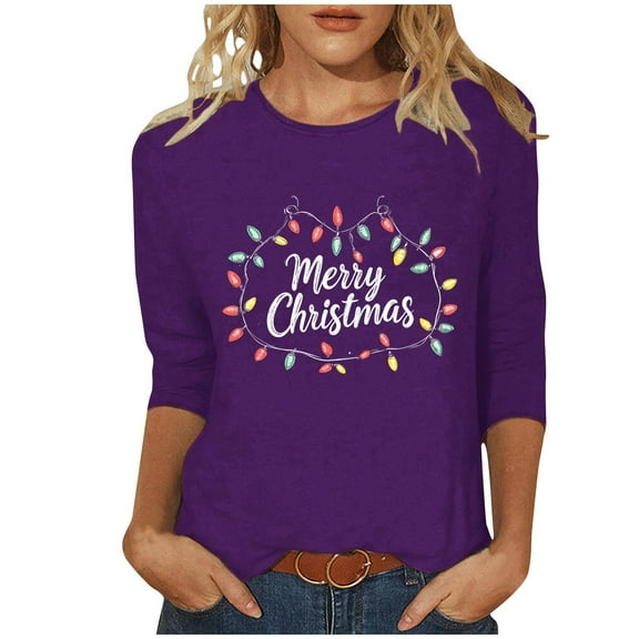 Maplenight Christmas Shirts for Women 3/4 Length Sleeve Casual Tunic Tops Letter Print T Shirts Crew Neck Graphic Tees
