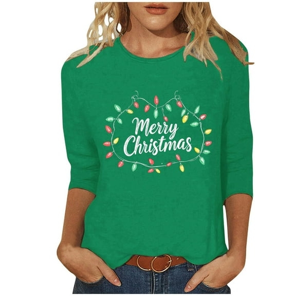 Maplenight Christmas Shirts for Women 3/4 Length Sleeve Casual Tunic Tops Letter Print T Shirts Crew Neck Graphic Tees
