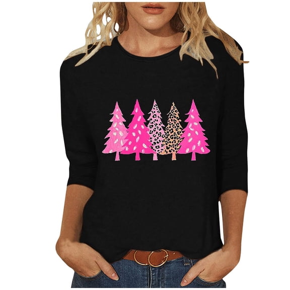 Maplenight Christmas Shirts for Women 3/4 Length Sleeve Tunic Tops Christmas Tree Cute Print T Shirts Crew Neck Graphic Tees