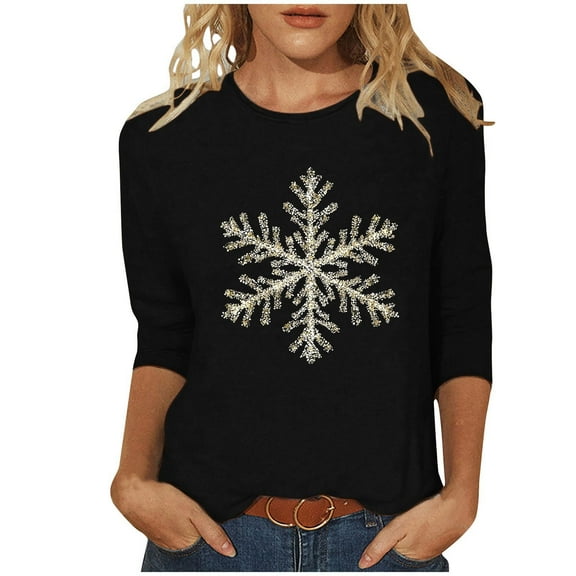 Maplenight Christmas Shirts for Women 3/4 Length Sleeve Tunic Tops Snowflake Cute Print T Shirts Crew Neck Graphic Tees