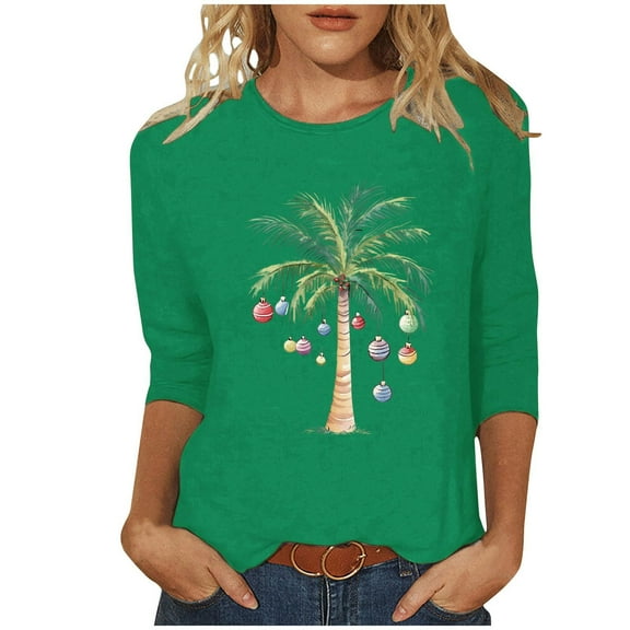 Maplenight Christmas Shirts for Women 3/4 Length Sleeve Tunic Tops Xmas Tree Cute Print T Shirts Crew Neck Graphic Tees