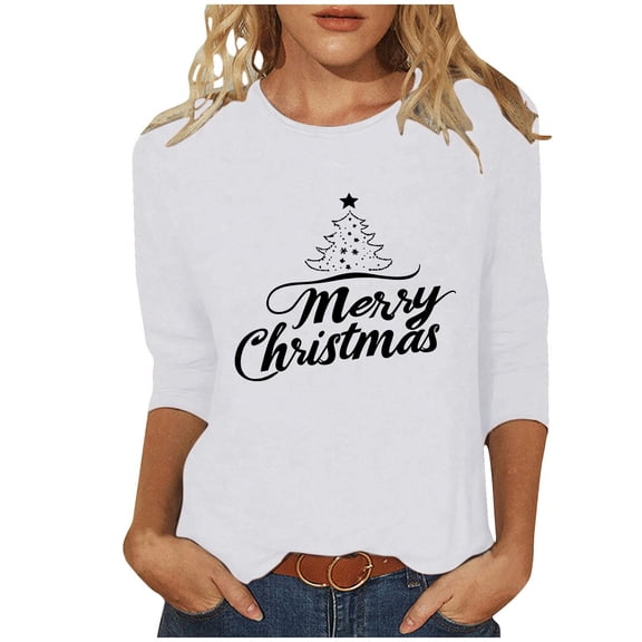 Maplenight Christmas Shirts for Women 3/4 Length Sleeve Tunic Tops Xmas Tree Cute Print T Shirts Crew Neck Graphic Tees
