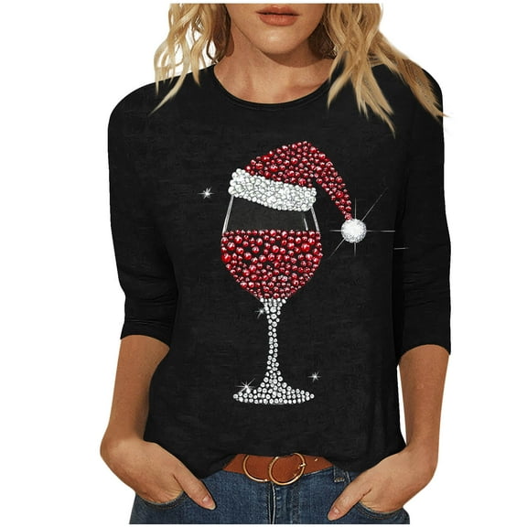 Maplenight Christmas Shirts for Women Trendy 3/4 Length Sleeve Tunic Blouses Wine Glass Print Holiday Tops Crew Neck Graphic Tees