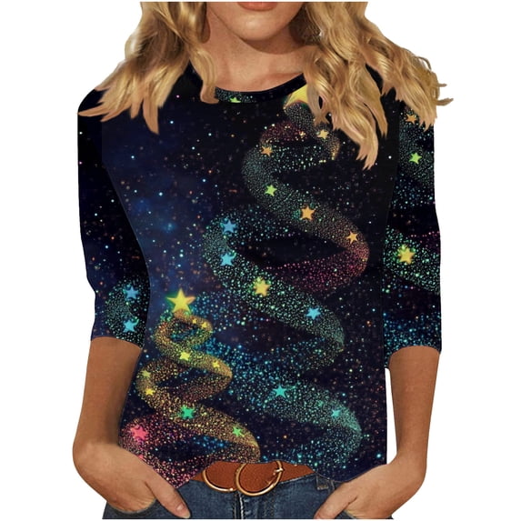 Maplenight Christmas Shirts for Women Trendy 3/4 Sleeve Crewneck Womens Tops Glitter Xmas Tree Graphic T Shirt Loose Casual Holiday Tees