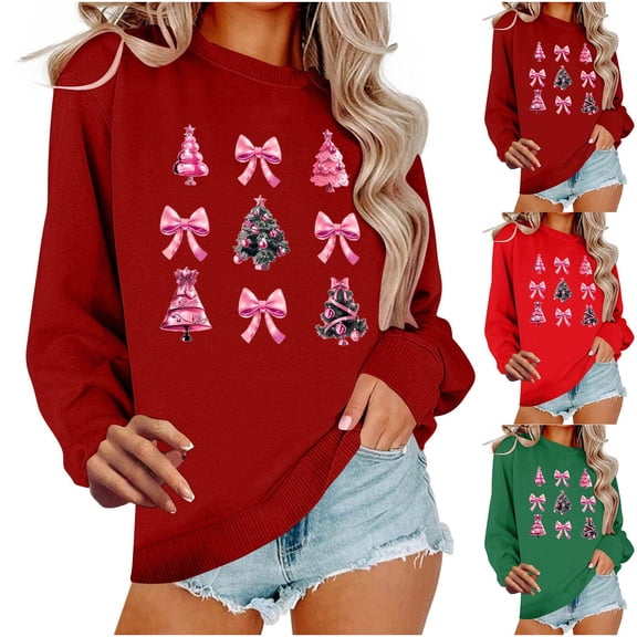 Maplenight Christmas Sweatshirt fors Women Casual Christmas Graphic Printed Pullover Tops Vacation Party Long Sleeve shirts