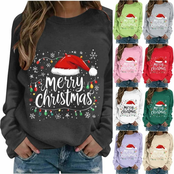 Maplenight Christmas Sweatshirts for Women Holiday Vacation Long Sleeve Shirts Xmas Graphic Crew Neck Sweatshirts