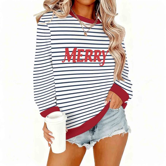 Maplenight Christmas Sweatshirts for Women Letter Printed Striped Crew Neck Sweatshirt Long Sleeve Regular Fit Casual Pullover Tops