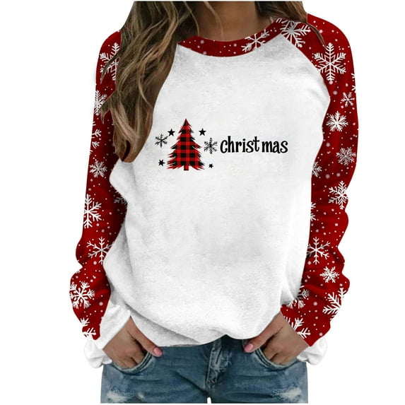 Maplenight Christmas Sweatshirts for Women Loose Casual Crew Neck Pullover Sweatshirt Holiday Vacation Graphic Tees Tops