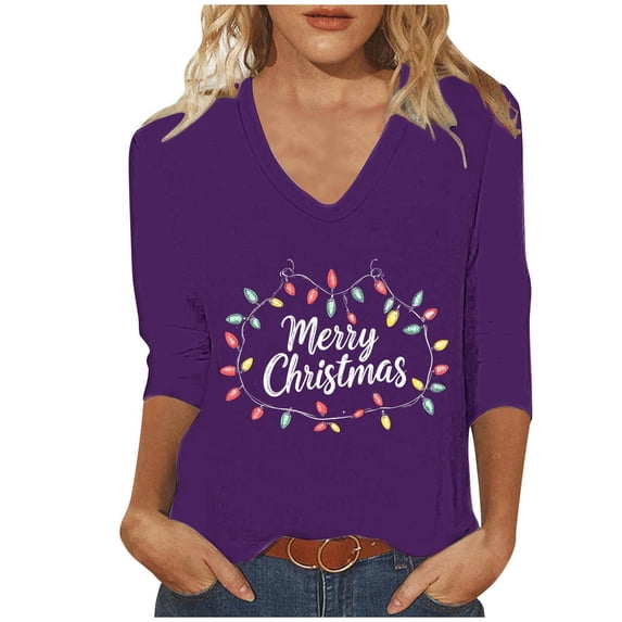 Maplenight Christmas TShirts for Women Holiday Loose Causal Graphic Tee Tops 3/4 Sleeve V-Neck Shirt Fall Shirts for Women