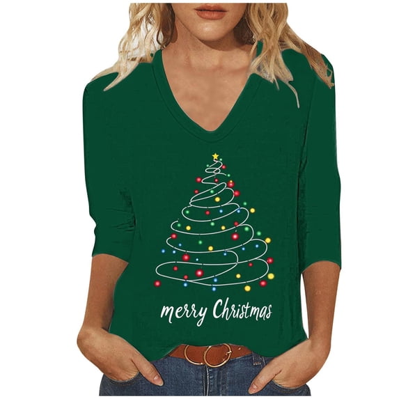 Maplenight Christmas TShirts for Women Holiday Loose Causal Graphic Tee Tops 3/4 Sleeve V-Neck Shirt Fall Shirts for Women