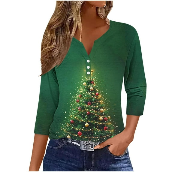 Maplenight Christmas Three Quarter Sleeve Shirts Womens Tops Casual Henley Neck T Shirts Christmas Tree Graphic Tees