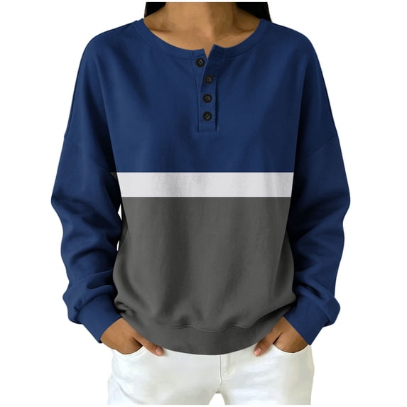 Maplenight Color Block Sweatshirt for Women Oversized Long Sleeve Henley Tops Casual Pullover Sweatshirts