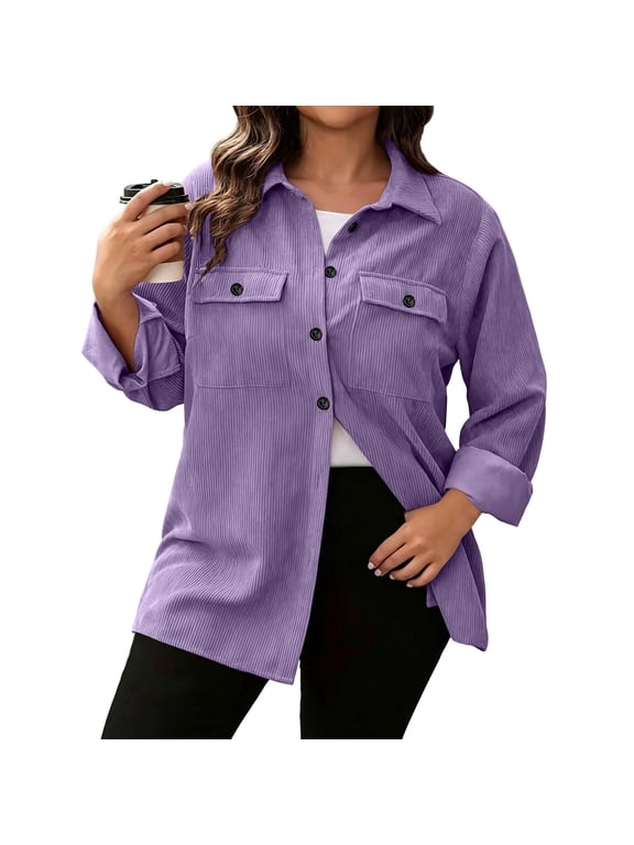 Corduroy Shackets for Women Button Up Long Sleeve Oversized Loose Fit Casual Jacket Tops with Pocket