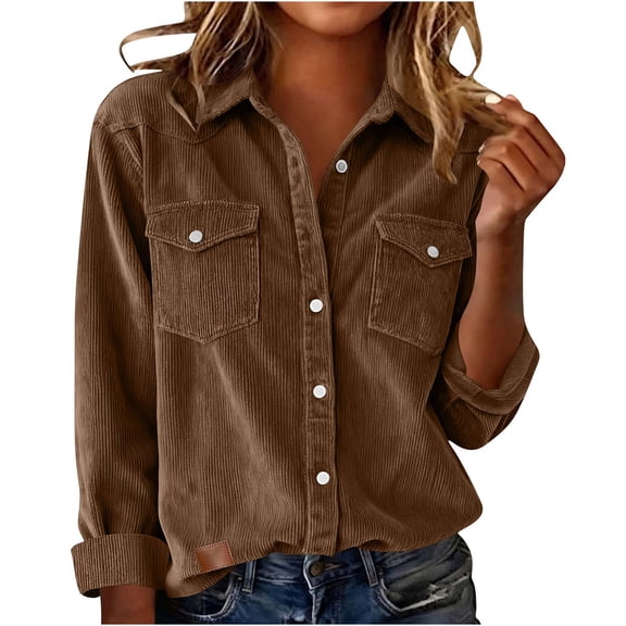 Maplenight Corduroy Shirts for Women Business Casual Tops Long Sleeve Button Down Shirts Lapel Dressy Blouses