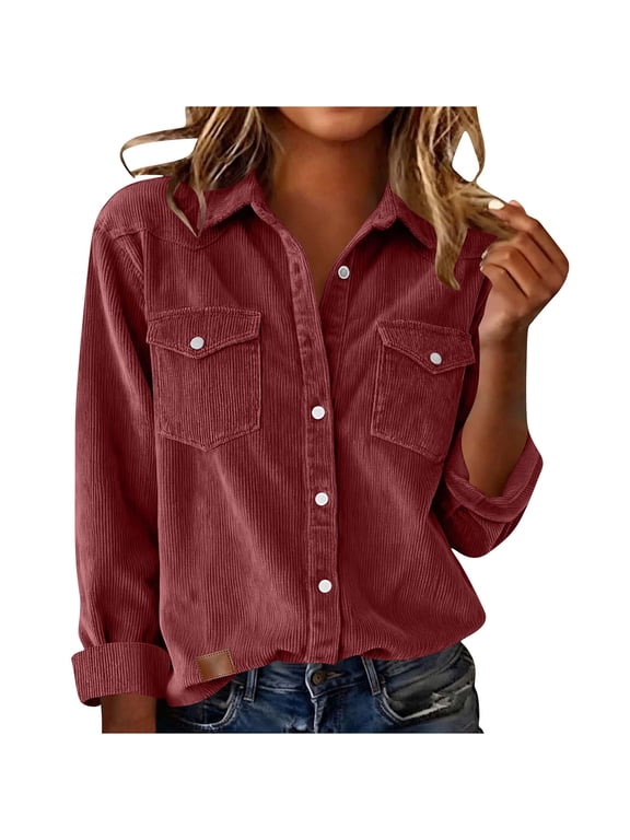Corduroy Shirts for Women Business Casual Tops Long Sleeve Button Down Shirts Lapel Dressy Blouses