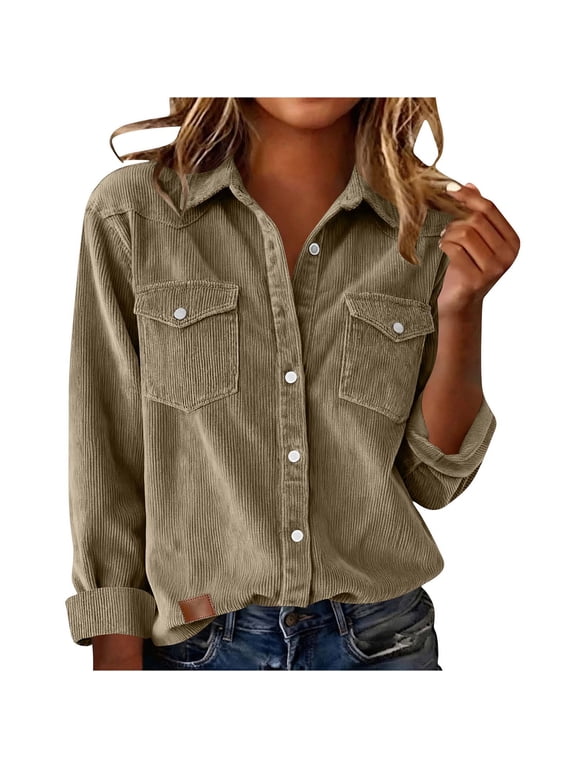 Corduroy Shirts for Women Business Casual Tops Long Sleeve Button Down Shirts Lapel Dressy Blouses
