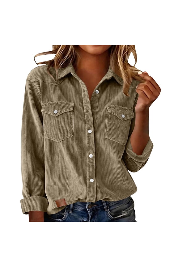 Corduroy Shirts for Women Business Casual Tops Long Sleeve Button Down Shirts Lapel Dressy Blouses