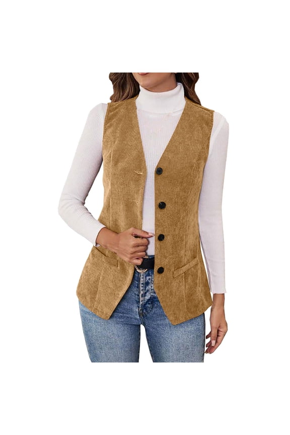 Corduroy Vests for Women Fall Winter Business Casual Button Down Sleeveless Blazer Jackets with Pockets