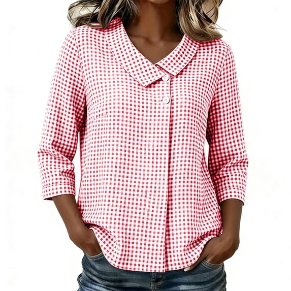 Maplenight Cotton Linen Blouses for Women 3/4 Sleeve Collared Button Plaid Shirts Casual Office Work Tops
