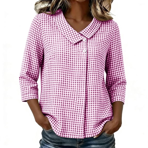 Maplenight Cotton Linen Blouses for Women 3/4 Sleeve Collared Button Plaid Shirts Casual Office Work Tops