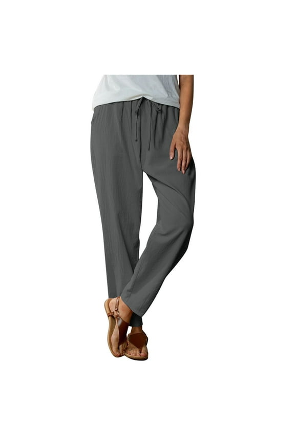 Cotton Linen Pants Women Elastic High Waist Straight Leg Lounge Pants Casual Slacks Summer Trouser with Pockets