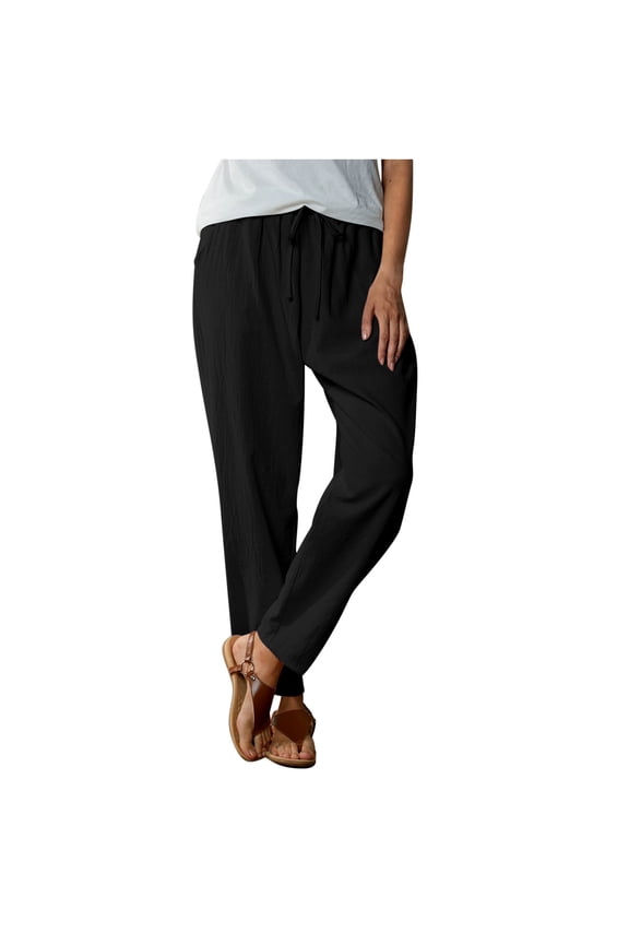 Cotton Linen Pants Women Elastic High Waist Straight Leg Lounge Pants Casual Slacks Summer Trouser with Pockets