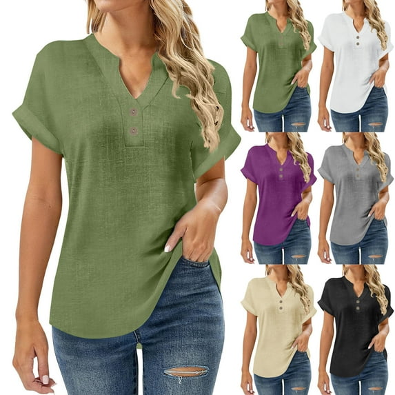 Maplenight Cotton Linen Shirts for Women Short Sleeve Summer Tops Loose Casual Button V Neck Tunic Blouses Beach Holiday Outfits