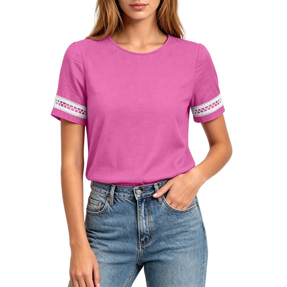 Maplenight Cotton Linen T Shirts for Women Color Block Crew Neck Short Sleeve Tees Casual Weekend Lightweight Shirts