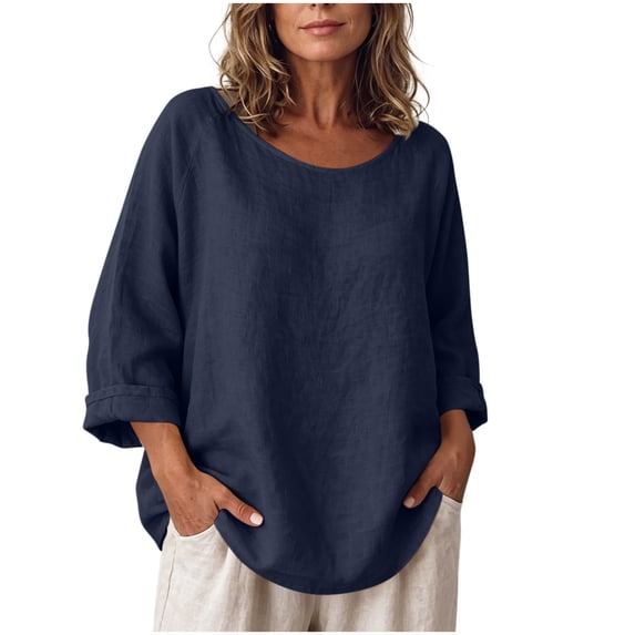 Maplenight Cotton Linen Tops for Women Crew Neck Long Sleeve Shirts Relaxed Fit Casual Blouses Vacation Fall Outfits