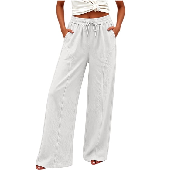 Maplenight Cotton Linen Wide Leg Pants for Women Drawstring Elastic Waist Palazzo Pants Side Pockets Lightweight Travel Beach Casual Lounge Trousers