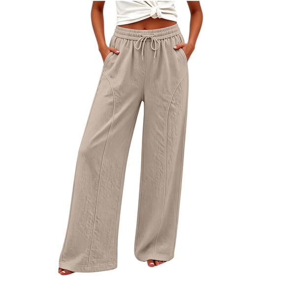 Maplenight Cotton Linen Wide Leg Pants for Women Drawstring Elastic Waist Palazzo Pants Side Pockets Lightweight Travel Beach Casual Lounge Trousers