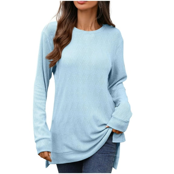 Maplenight Crew Neck Tops for Women Knit Long Sleeve Casual Tunic Sweaters Solid Side Slit Womens Pullover Tops for Fall Winter