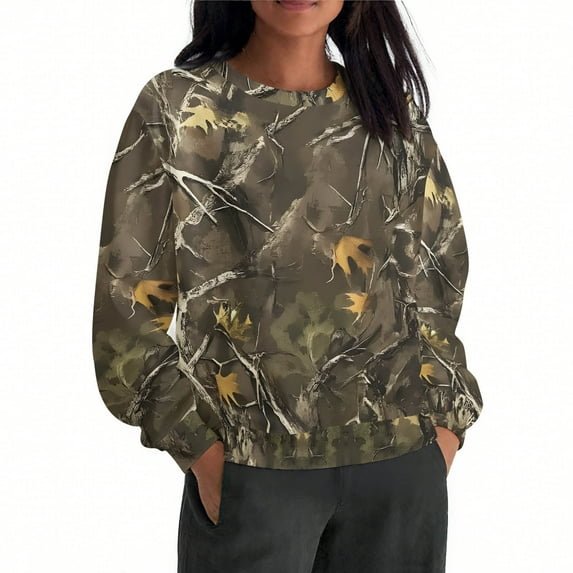 Maplenight Crewneck Sweatshirts for Women Casual Long Sleeve Tops Camo Maple Leaf Graphic Shirts Fall Fashion Clothes