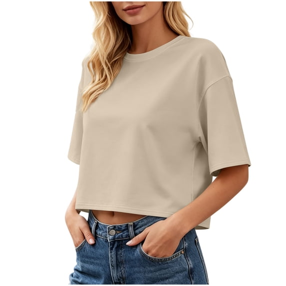 Maplenight Crop Tshirts for Women Crew Neck Half Sleeve Loose Fit Casual Basic Tees Summer Cropped Tops