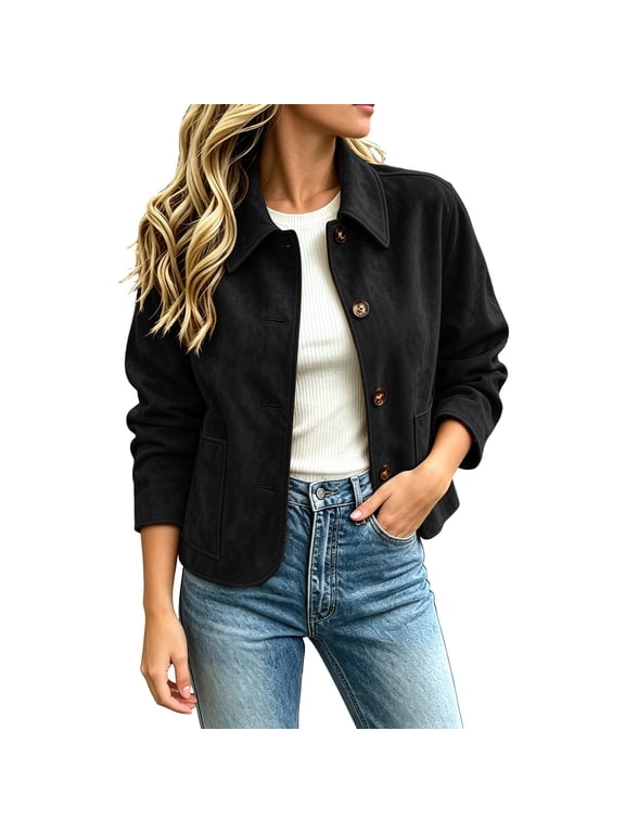 Cropped Jackets for Women Collared Button Down Faux Suede Jackets with Pockets Fall Casual Work Office Jacket