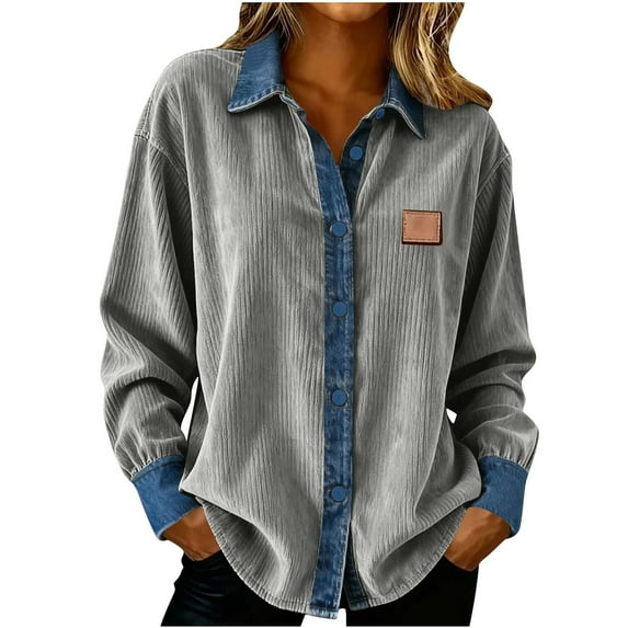 Maplenight Denim Patchwork Shirts for Women Casual Corduroy Tops Long Sleeve Button Down Shirts Color Block Lapel Dressy Blouses