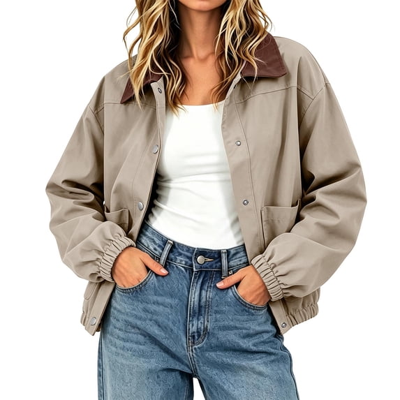 Maplenight Fall Jackets Women Collared Snap Closure Bomber Jacket Casual Vacation Travel Jackets with Pockets