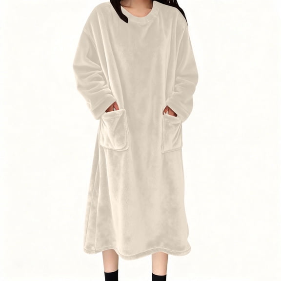 Maplenight Flannel Nightgowns for Women Long Sleeve Blanket Dress Oversized Fleece Nightgown Thermal Winter Loungewear with Pockets