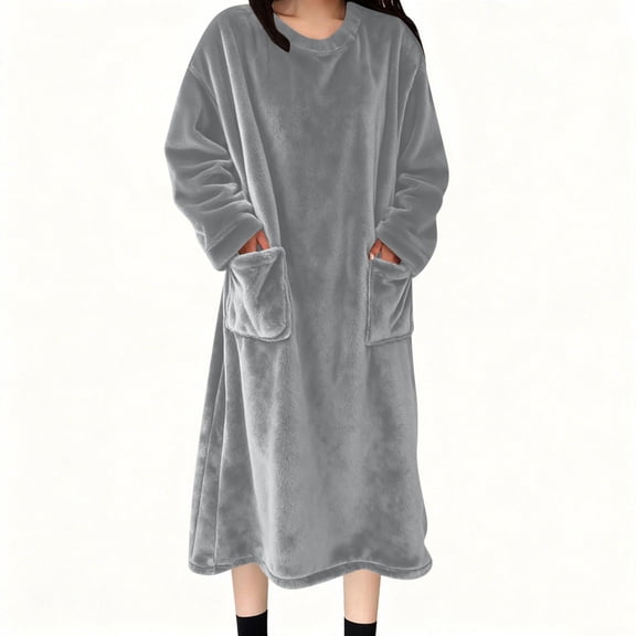 Maplenight Flannel Nightgowns for Women Long Sleeve Blanket Dress Oversized Fleece Nightgown Thermal Winter Loungewear with Pockets