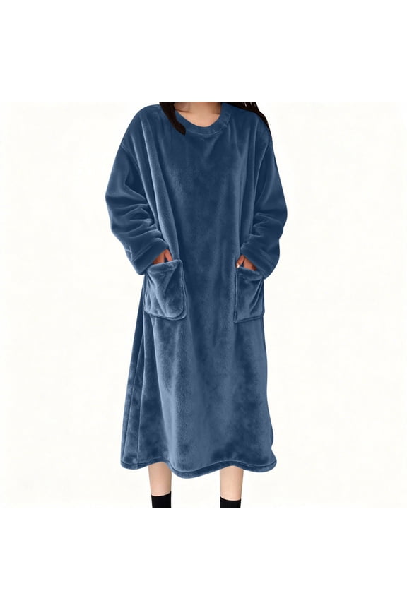Flannel Nightgowns for Women Long Sleeve Blanket Dress Oversized Fleece Nightgown Thermal Winter Loungewear with Pockets