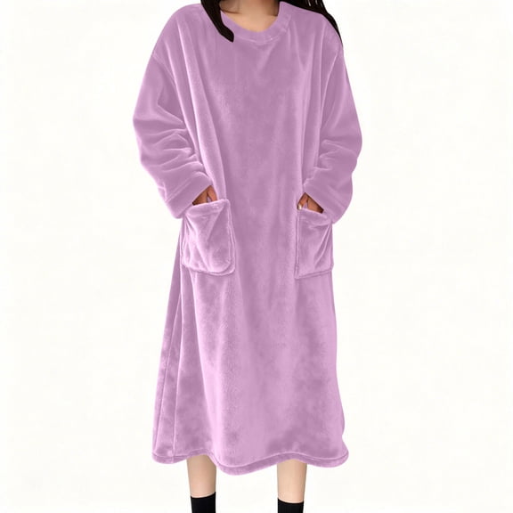 Maplenight Flannel Nightgowns for Women Long Sleeve Blanket Dress Oversized Fleece Nightgown Thermal Winter Loungewear with Pockets