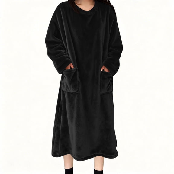 Maplenight Flannel Nightgowns for Women Long Sleeve Blanket Dress Oversized Fleece Nightgown Thermal Winter Loungewear with Pockets