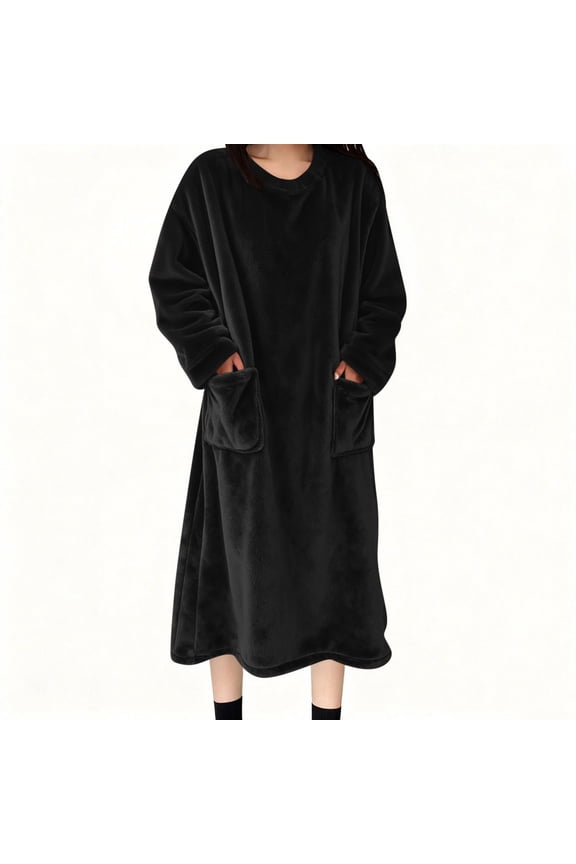 Flannel Nightgowns for Women Long Sleeve Blanket Dress Oversized Fleece Nightgown Thermal Winter Loungewear with Pockets
