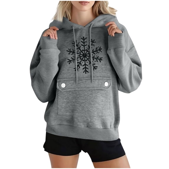Maplenight Fleece Christmas Hoodies for Women Snowflake Graphic Long Sleeve Hooded Sweatshirt Drawstring Relaxed Fit Casual Womens Tops for Fall Winter